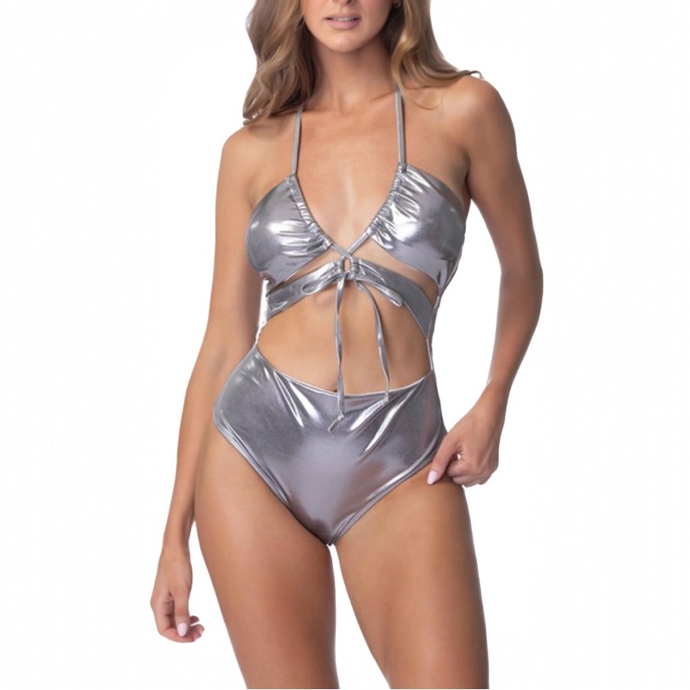 Matellic Cutout Tie Front One Piece Swimsuit